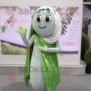 Silver Green Bean mascot costume character dressed with a Midi Dress and Scarf clips