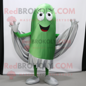 Silver Green Bean mascot costume character dressed with a Midi Dress and Scarf clips