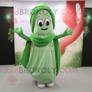 Silver Green Bean mascot costume character dressed with a Midi Dress and Scarf clips