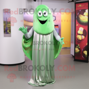 Silver Green Bean mascot costume character dressed with a Midi Dress and Scarf clips