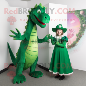Forest Green Dragon mascot costume character dressed with a A-Line Dress and Berets