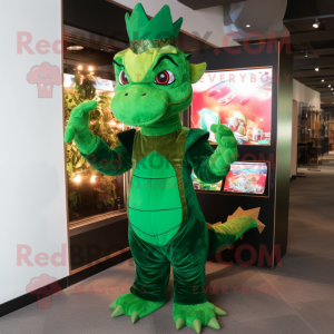 Forest Green Dragon mascot costume character dressed with a A-Line Dress and Berets