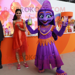 Purple Tikka Masala mascot costume character dressed with a Cocktail Dress and Anklets