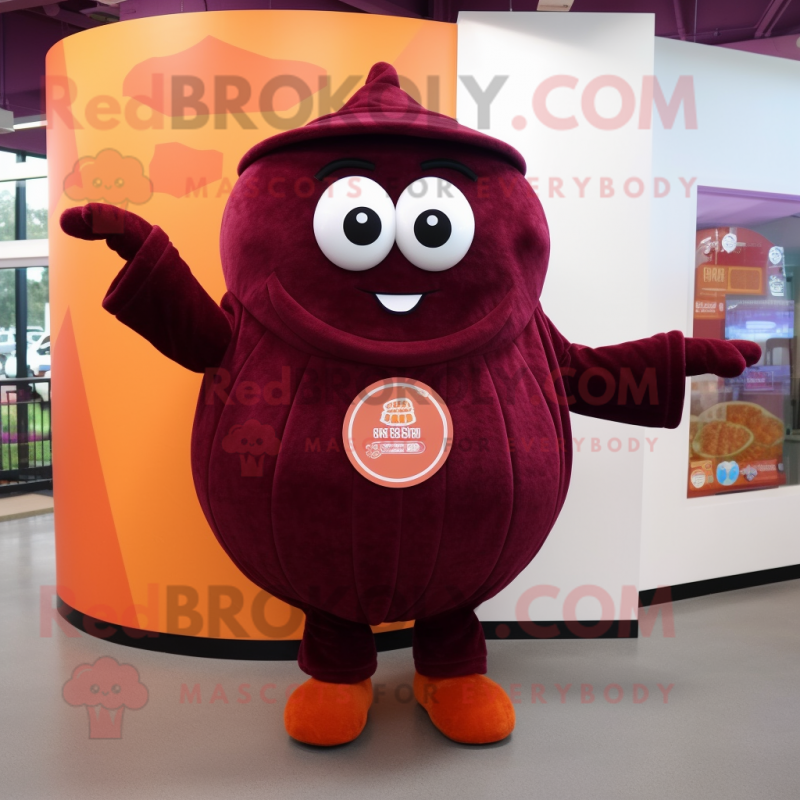 Maroon Pumpkin mascot costume character dressed with a Sweater and Coin purses Maroon Pumpkin mascot costume character dressed with a Sweater and Coin purses