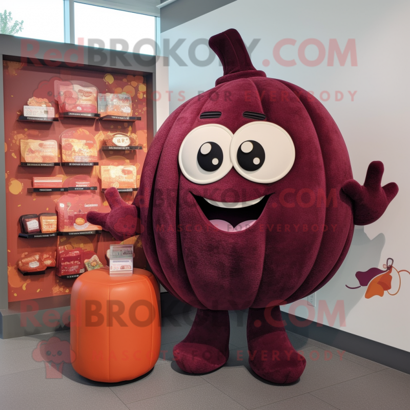 Maroon Pumpkin mascot costume character dressed with a Sweater and Coin purses Maroon Pumpkin mascot costume character dressed with a Sweater and Coin purses