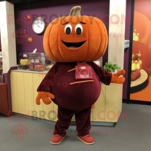 Maroon Pumpkin mascot costume character dressed with a Sweater and Coin purses