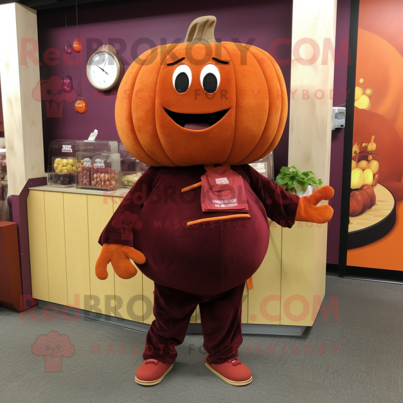 Maroon Pumpkin mascot costume character dressed with a Sweater and Coin purses Maroon Pumpkin mascot costume character dressed with a Sweater and Coin purses