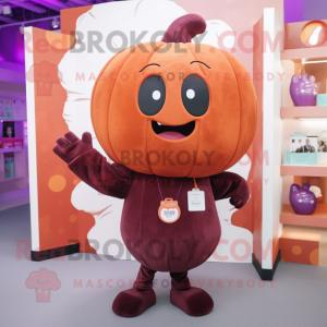 Maroon Pumpkin mascot costume character dressed with a Sweater and Coin purses