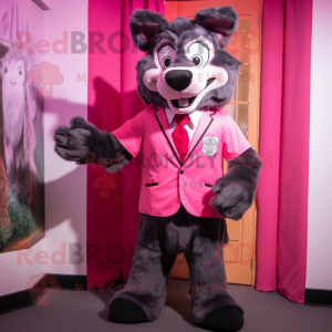 Pink Wolf mascot costume character dressed with a Coat and Bow ties