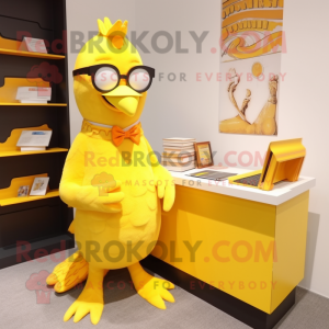 Yellow Seagull mascot costume character dressed with a Flare Jeans and Reading glasses