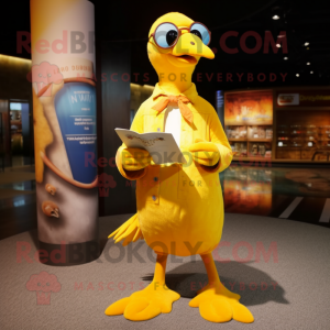 Yellow Seagull mascot costume character dressed with a Flare Jeans and Reading glasses