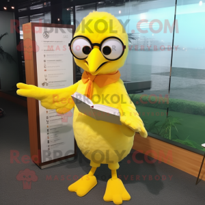 Yellow Seagull mascot costume character dressed with a Flare Jeans and Reading glasses