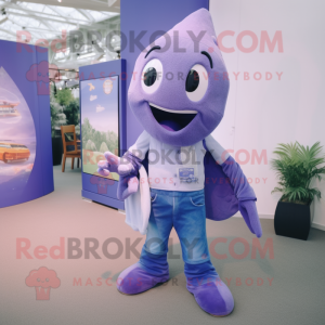 Lavender Stingray mascot costume character dressed with a Bootcut Jeans and Suspenders