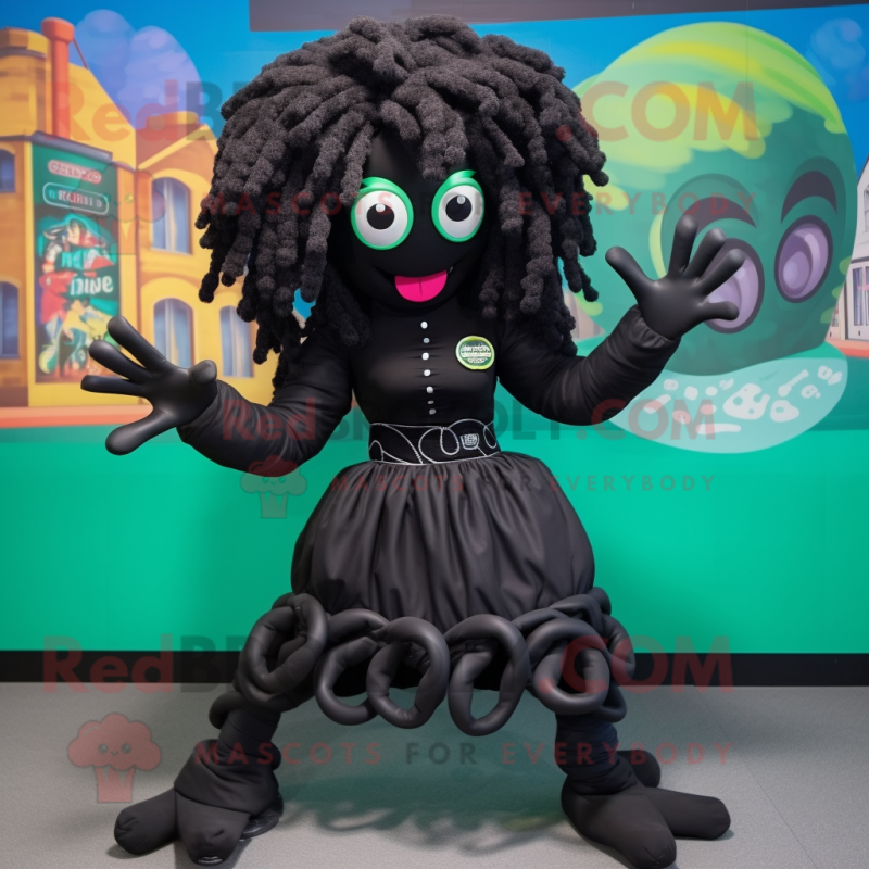 Black Medusa mascot costume character dressed with a Culottes and Foot pads Black Medusa mascot costume character dressed with a Culottes and Foot pads