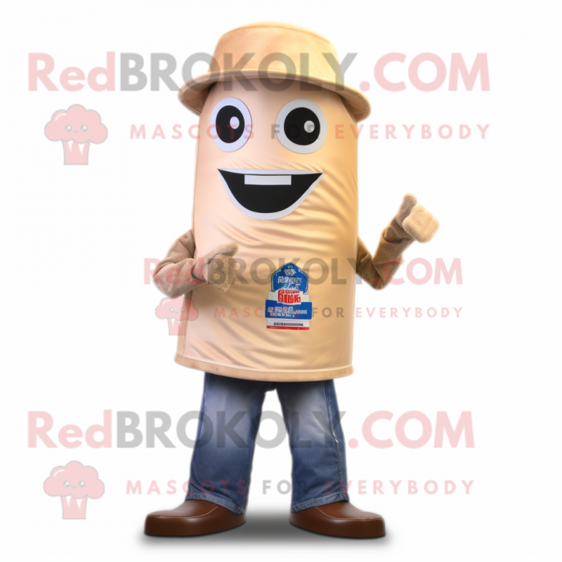 Beige Soda Can mascot costume character dressed with a Bootcut Jeans and Wraps Beige Soda Can mascot costume character dressed with a Bootcut Jeans and Wraps