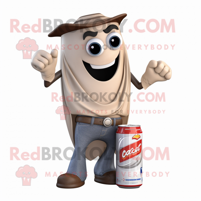 Beige Soda Can mascot costume character dressed with a Bootcut Jeans and Wraps Beige Soda Can mascot costume character dressed with a Bootcut Jeans and Wraps