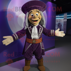 Purple Chief mascot costume character dressed with a Waistcoat and Suspenders