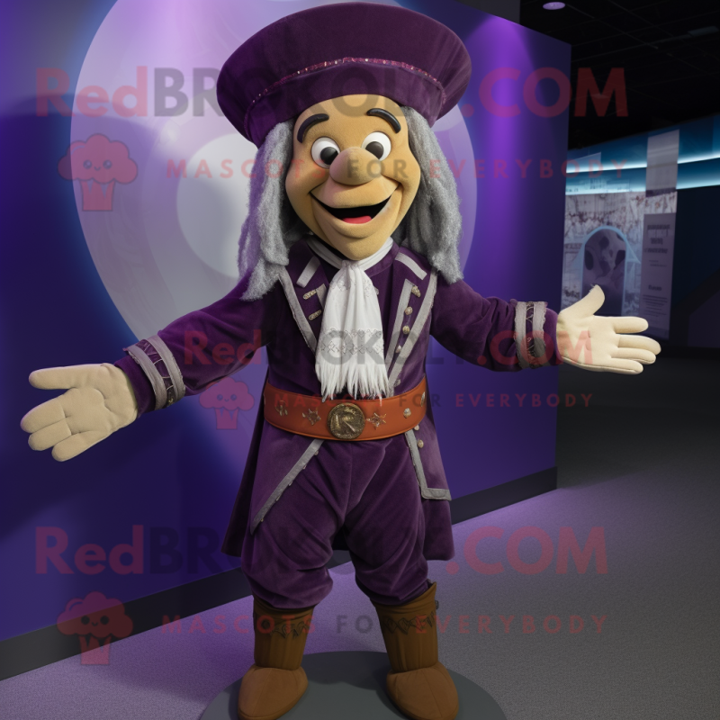 Purple Chief mascot costume character dressed with a Waistcoat and Suspenders