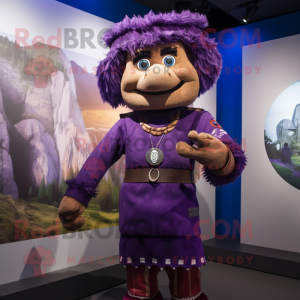 Purple Chief mascot costume character dressed with a Waistcoat and Suspenders