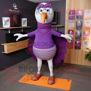 Purple Guinea Fowl mascot costume character dressed with a Yoga Pants and Scarves