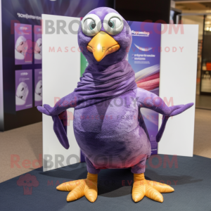 Purple Guinea Fowl mascot costume character dressed with a Yoga Pants and Scarves