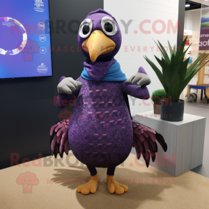 Purple Guinea Fowl mascot costume character dressed with a Yoga Pants and Scarves