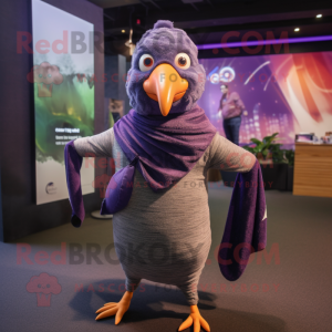 Purple Guinea Fowl mascot costume character dressed with a Yoga Pants and Scarves