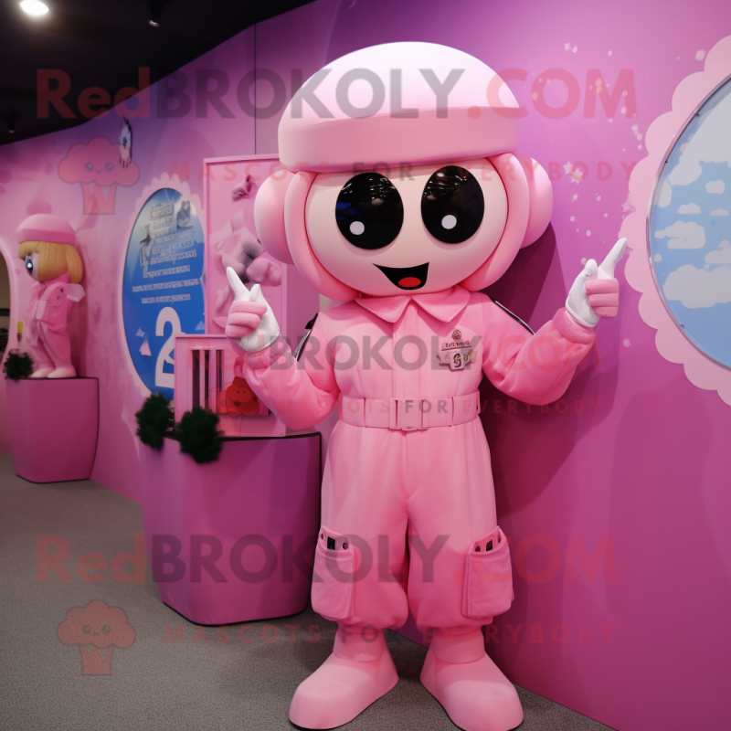 Pink Army Soldier mascot costume character dressed with a Jumpsuit and Hair clips