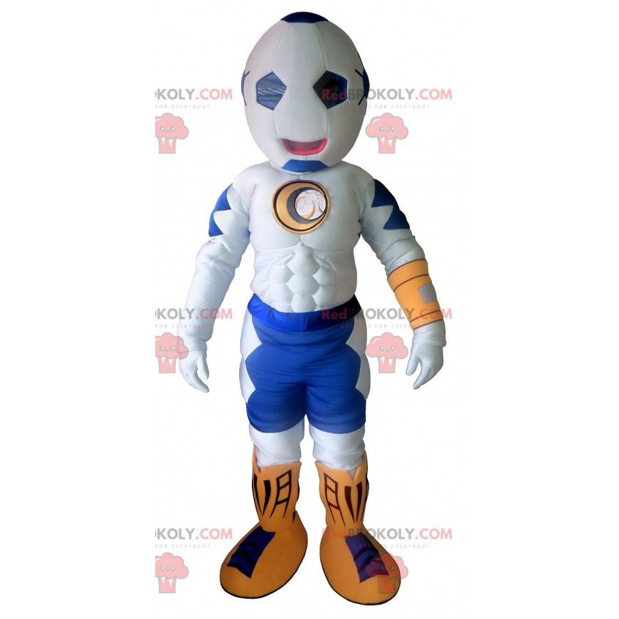 White and blue mascot with a balloon-shaped head -