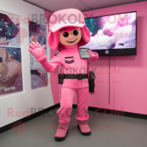 Pink Army Soldier mascot costume character dressed with a Jumpsuit and Hair clips