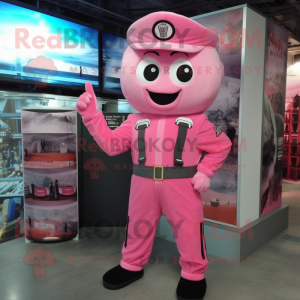 Pink Army Soldier mascot costume character dressed with a Jumpsuit and Hair clips