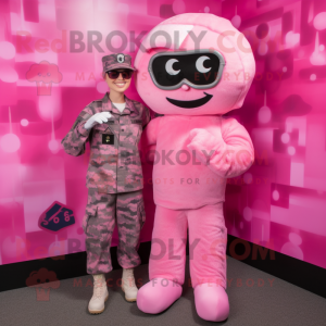 Pink Army Soldier mascot costume character dressed with a Jumpsuit and Hair clips