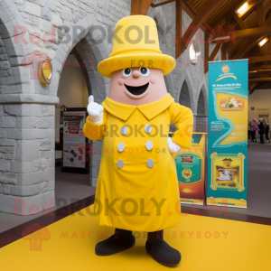 Yellow Irish Castle mascot costume character dressed with a Dress Pants and Hat pins