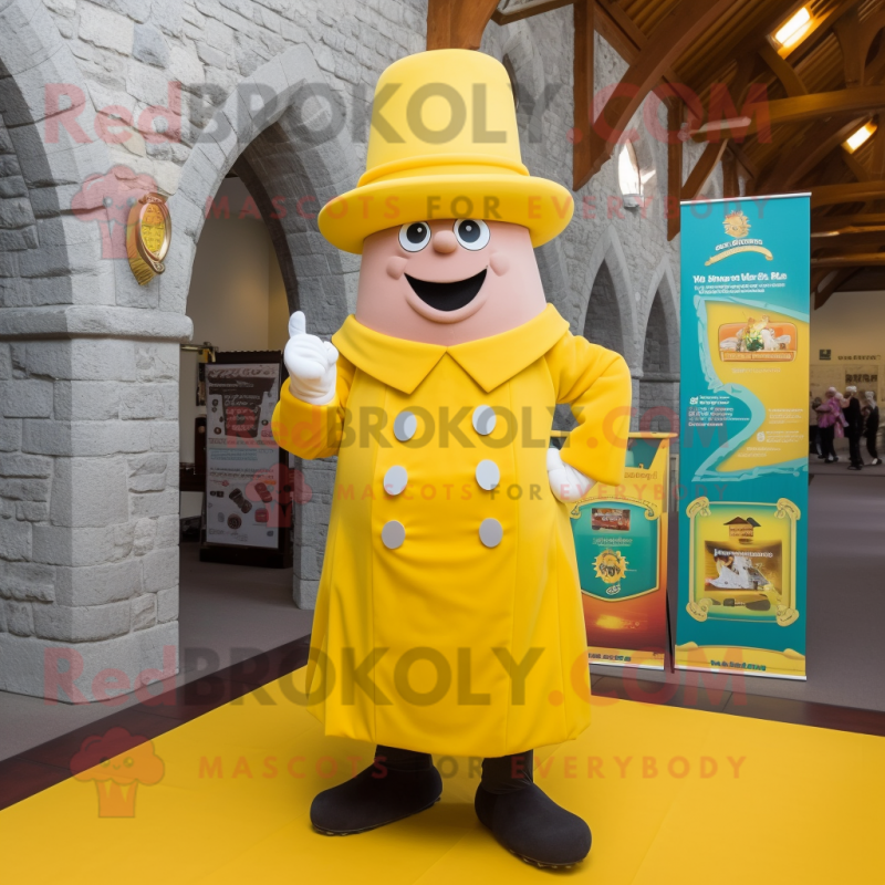 Yellow Irish Castle mascot costume character dressed with a Dress Pants and Hat pins