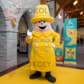 Yellow Irish Castle mascot costume character dressed with a Dress Pants and Hat pins