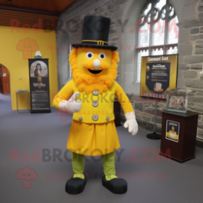 Yellow Irish Castle mascot costume character dressed with a Dress Pants and Hat pins