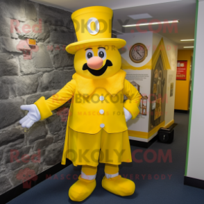 Yellow Irish Castle mascot costume character dressed with a Dress Pants and Hat pins