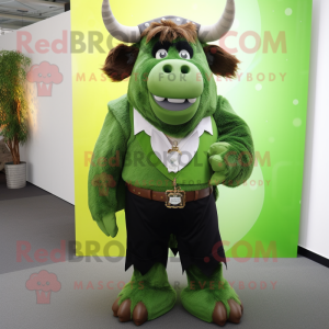 Lime Green Bison mascot costume character dressed with a Waistcoat and Tie pins