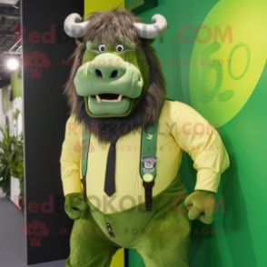 Lime Green Bison mascot costume character dressed with a Waistcoat and Tie pins