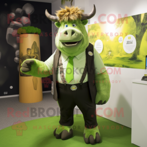 Lime Green Bison mascot costume character dressed with a Waistcoat and Tie pins