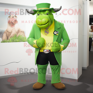 Lime Green Bison mascot costume character dressed with a Waistcoat and Tie pins