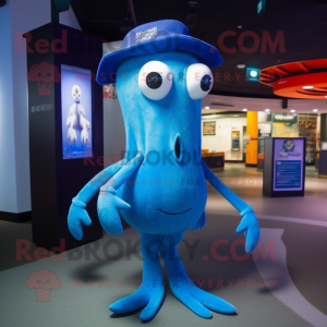 Blue Squid mascot costume character dressed with a Polo Tee and Lapel pins