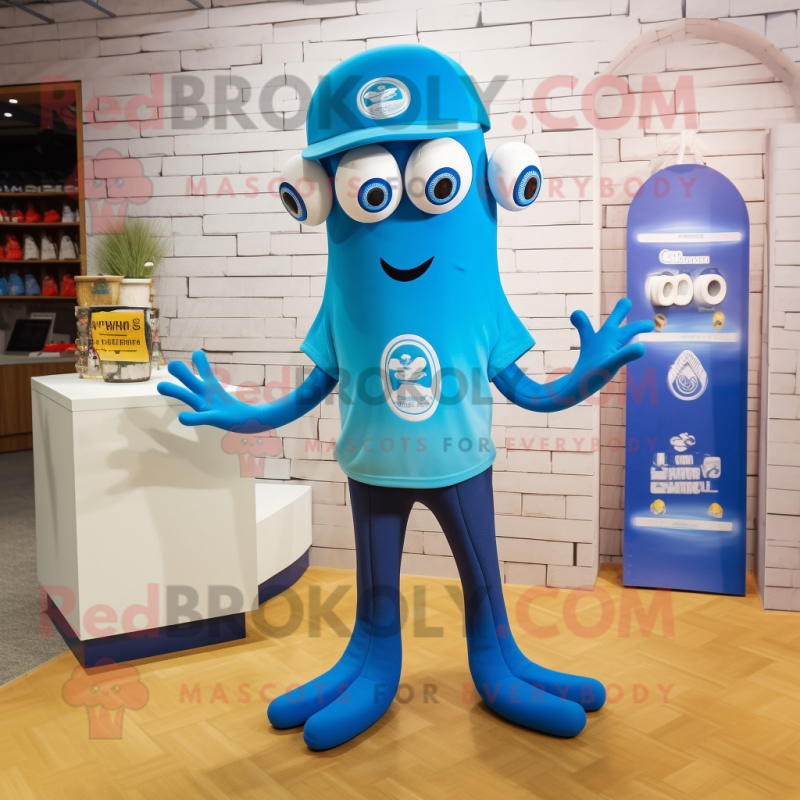Blue Squid mascot costume character dressed with a Polo Tee and Lapel pins Blue Squid mascot costume character dressed with a Polo Tee and Lapel pins