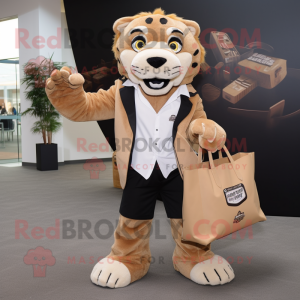 Tan Saber-Toothed Tiger mascot costume character dressed with a Blazer and Tote bags