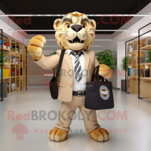 Tan Saber-Toothed Tiger mascot costume character dressed with a Blazer and Tote bags