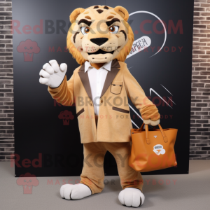 Tan Saber-Toothed Tiger mascot costume character dressed with a Blazer and Tote bags