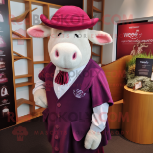 Magenta Beef Wellington mascot costume character dressed with a Waistcoat and Lapel pins