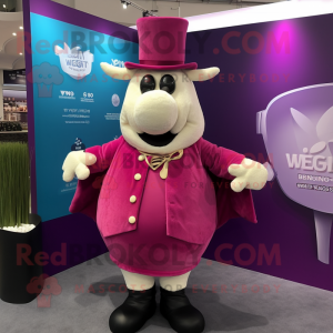 Magenta Beef Wellington mascot costume character dressed with a Waistcoat and Lapel pins