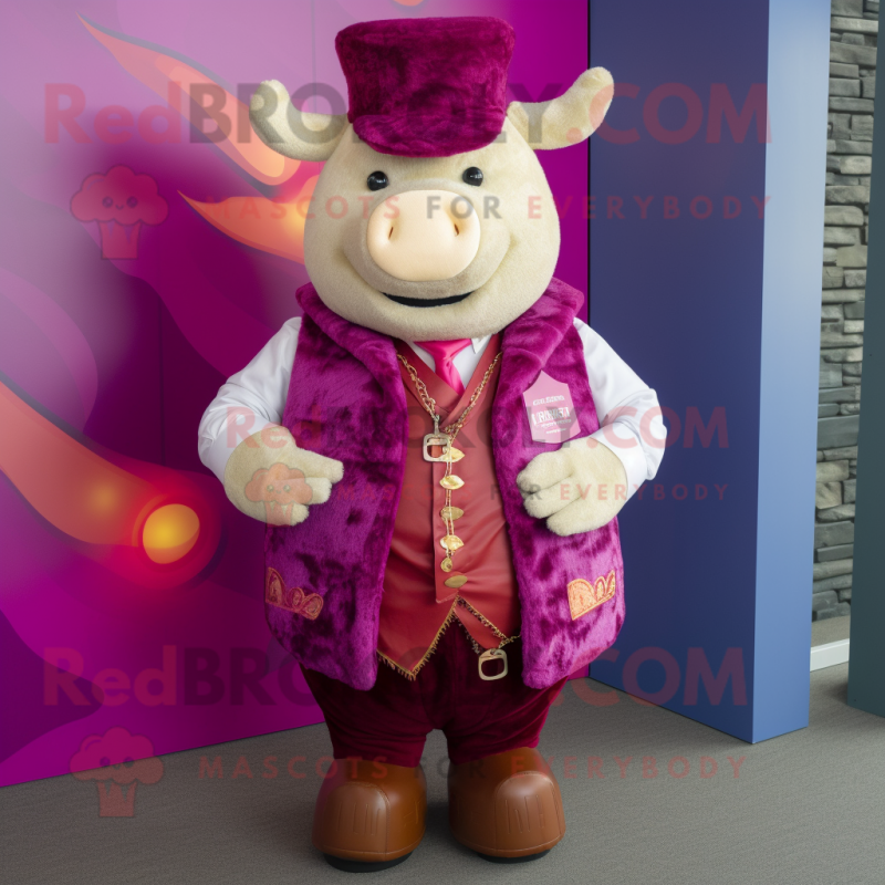 Magenta Beef Wellington mascot costume character dressed with a Waistcoat and Lapel pins