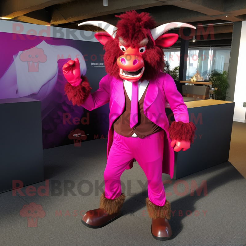 Magenta Minotaur mascot costume character dressed with a Blazer and Cummerbunds